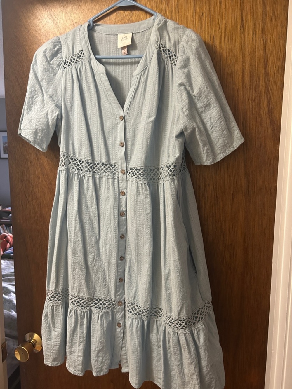 Light Blue Button Front Crochet Trim Dress